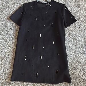 Zara New Without Tags Black Faux Suede Jeweled Dress
